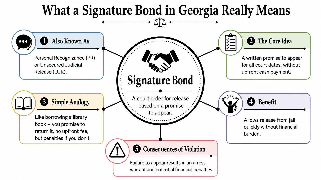 An infographic explaining what a signature bond means in Georgia, covering its purpose, benefits, and consequences.