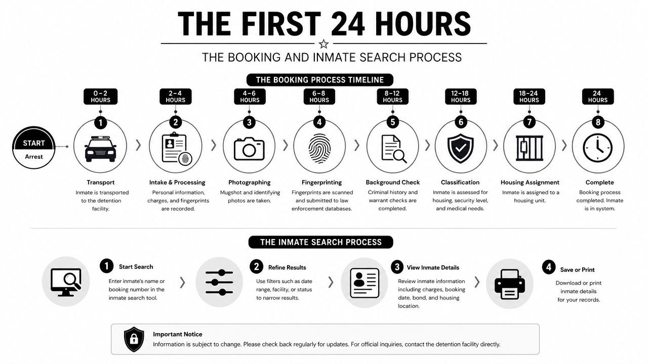A diagram outlining the booking process and inmate search timeline steps for detention facilities.