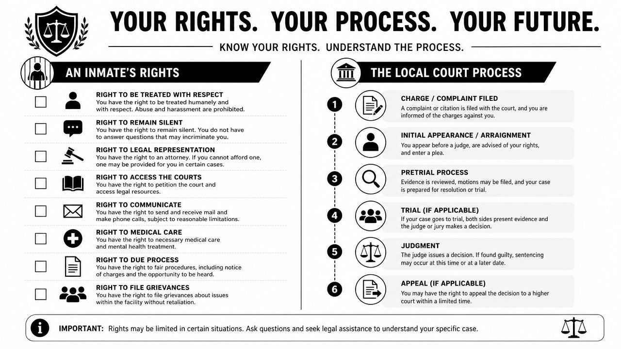 An infographic detailing inmate rights and the local court process for individuals in legal proceedings.