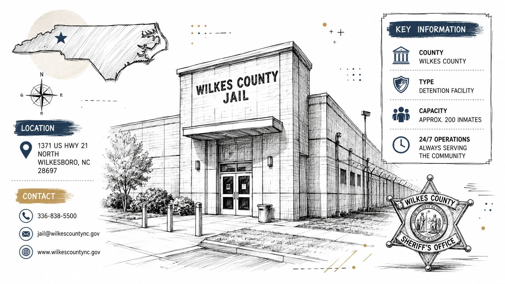 A detailed illustration of the Wilkes County Jail in North Carolina, featuring contact details and facility information.