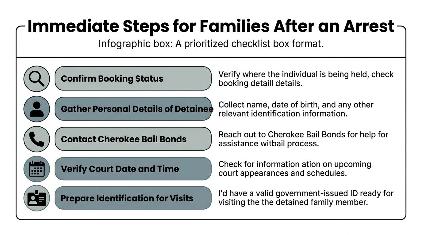 A checklist infographic titled Immediate Steps for Families After an Arrest outlining five key actions for families.