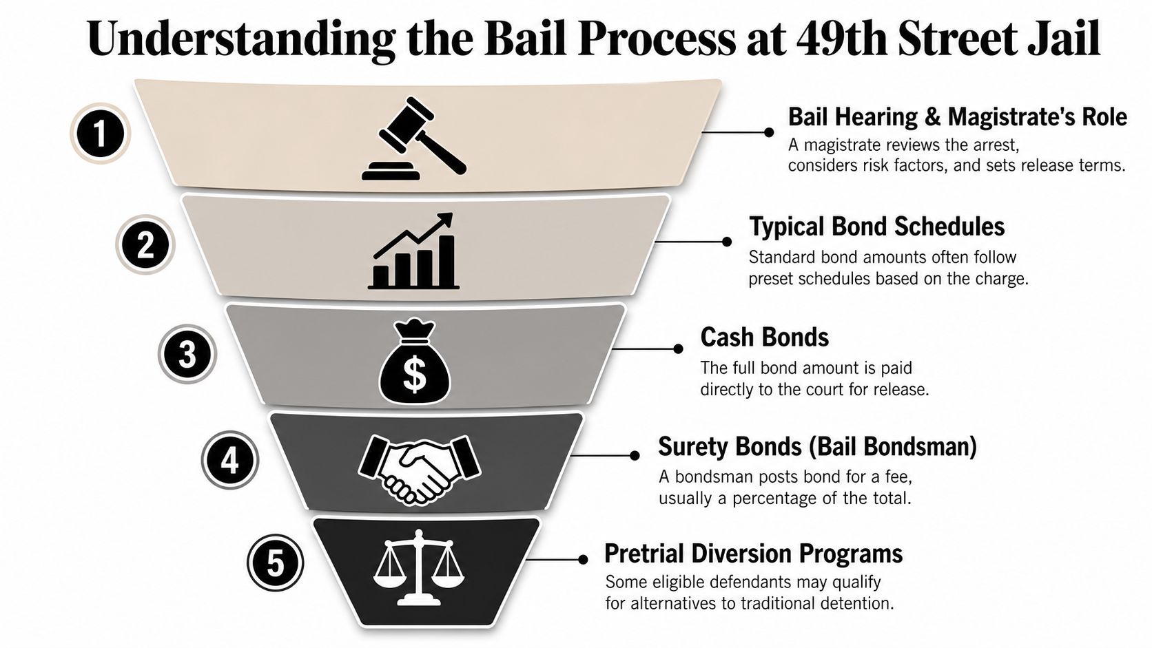 A five-step funnel infographic explaining the bail process and legal release options at 49th Street Jail.