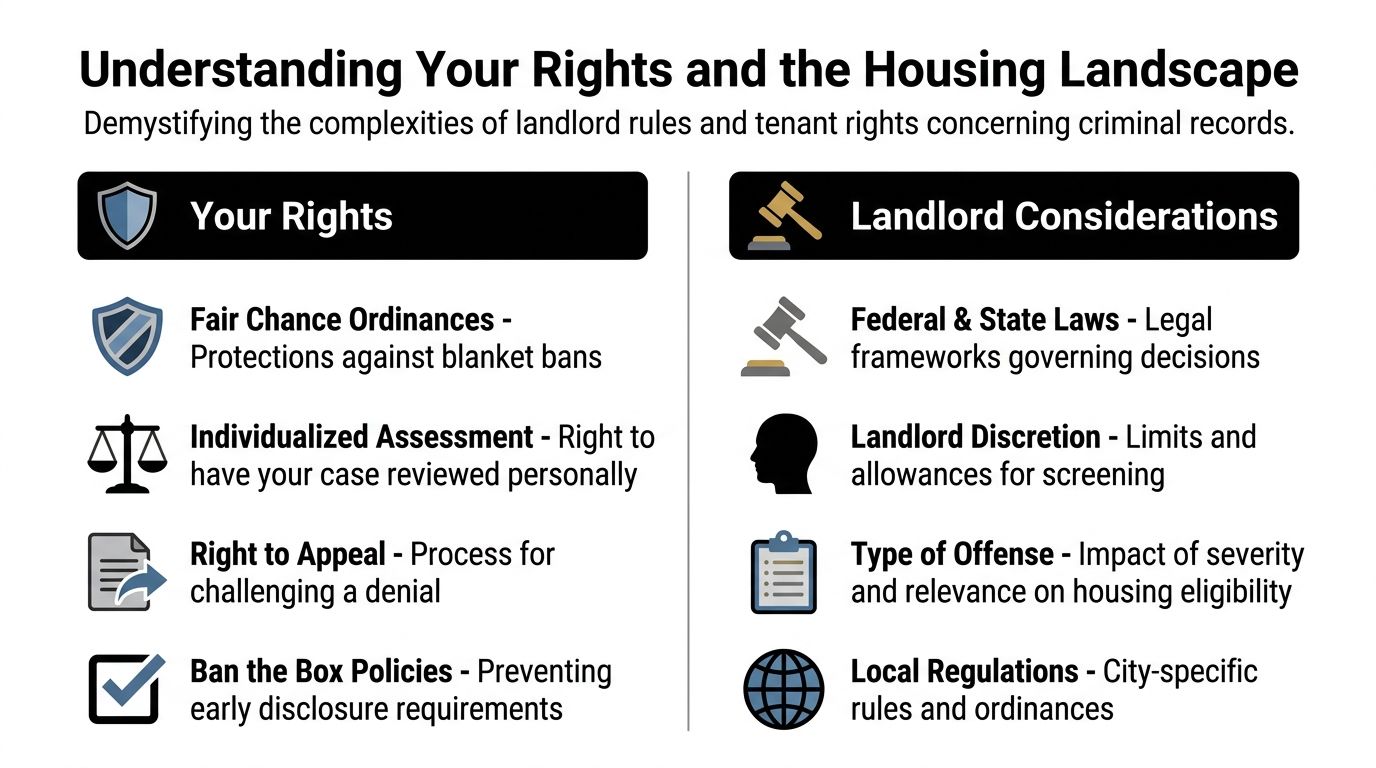 An infographic titled Understanding Your Rights and the Housing Landscape outlining tenant protections and landlord considerations regarding criminal records.