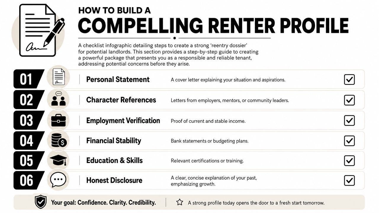 A checklist infographic detailing six essential steps for building a compelling renter profile for potential landlords.