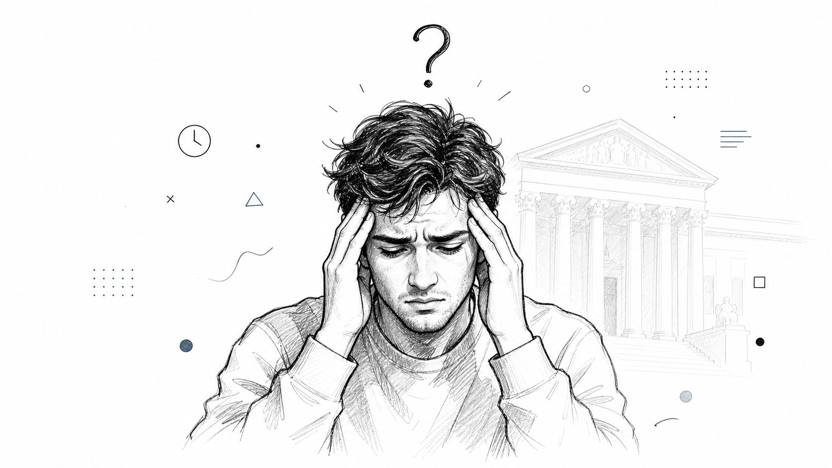 A sketched illustration of a stressed man holding his head in front of a courthouse building.