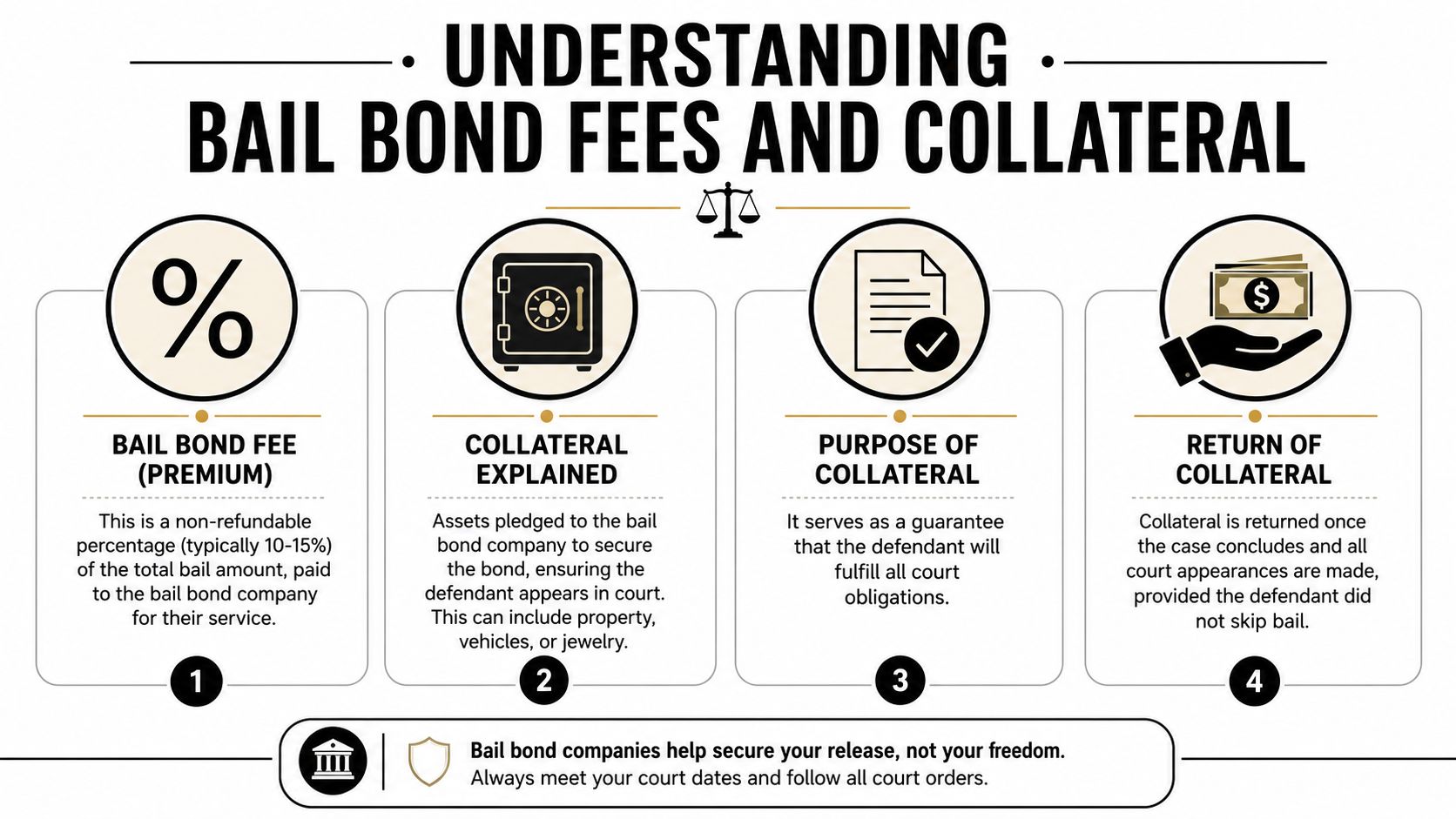 An infographic titled Understanding Bail Bond Fees and Collateral outlining the process, requirements, and responsibilities for bail bonds.