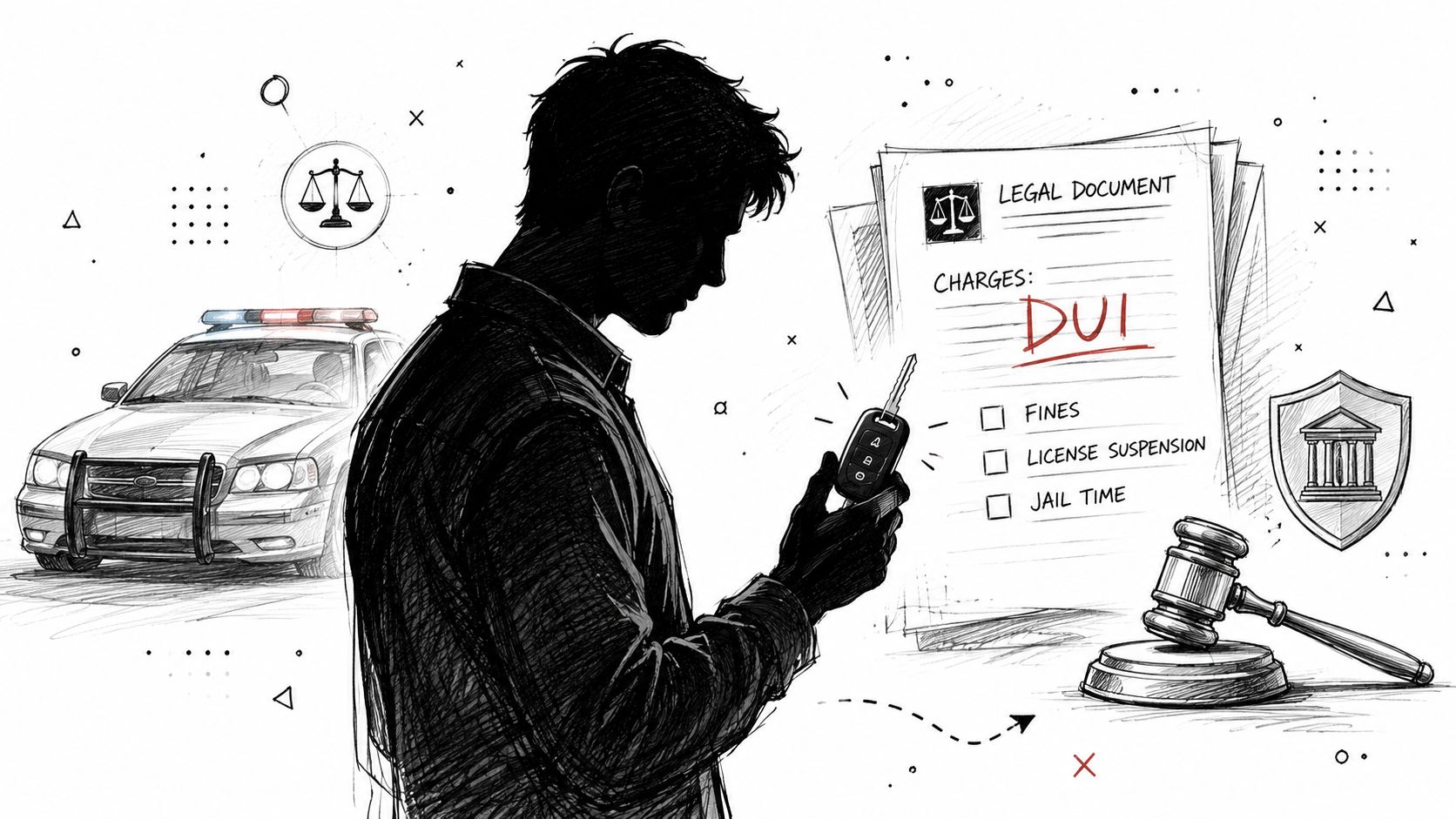 A silhouette of a man holding car keys next to a legal document detailing DUI charges.