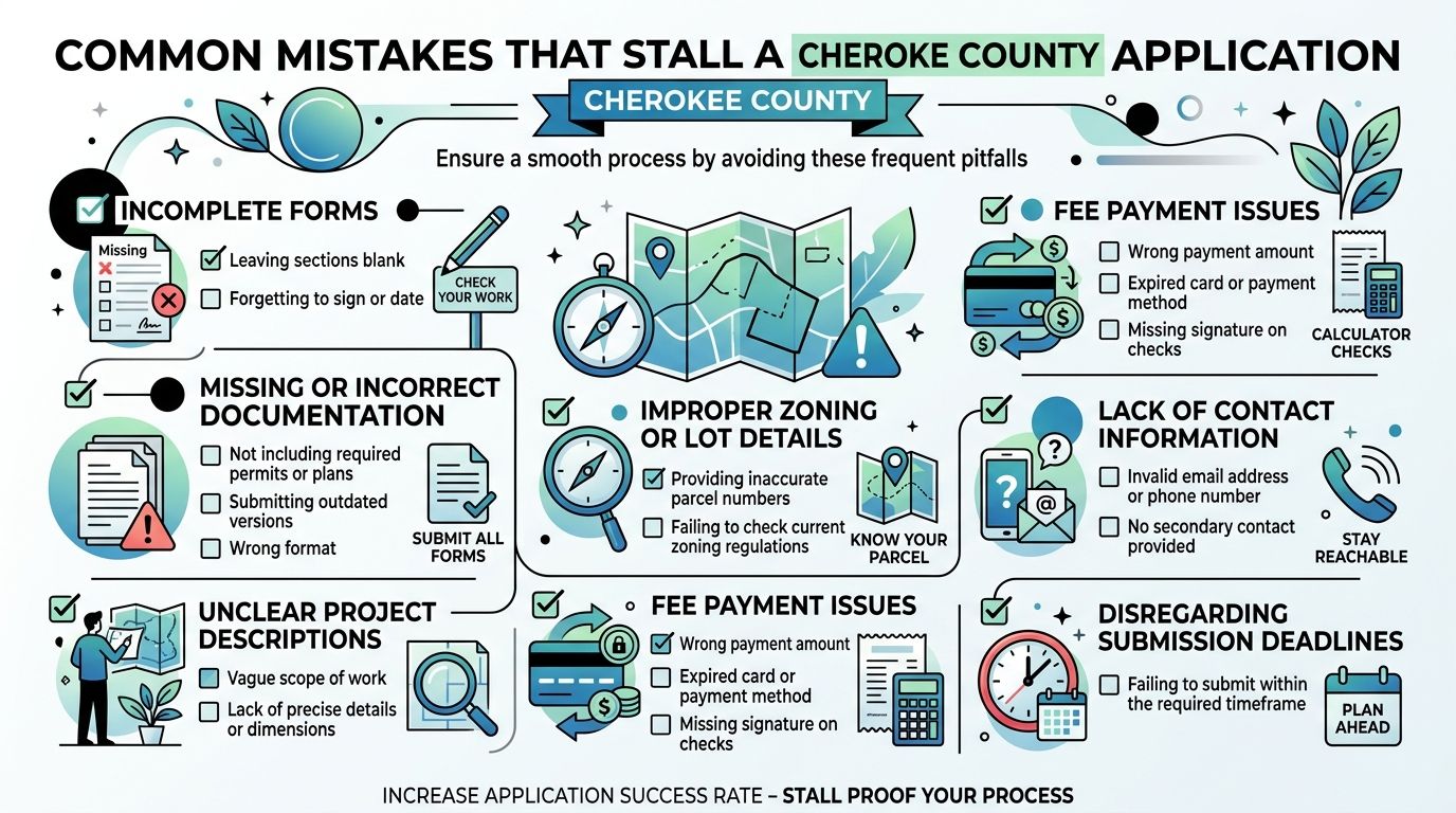 An infographic detailing common application mistakes to avoid for Cherokee County government services and project submissions.