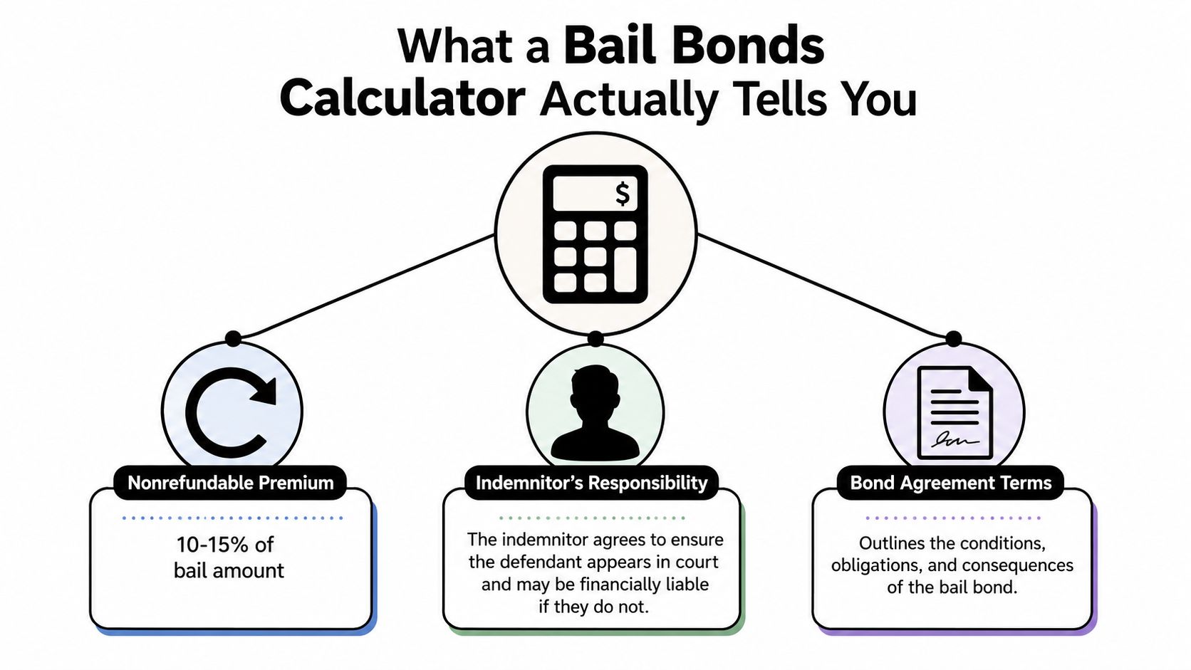 A diagram explaining three key financial and legal components shown by a typical bail bonds calculator.