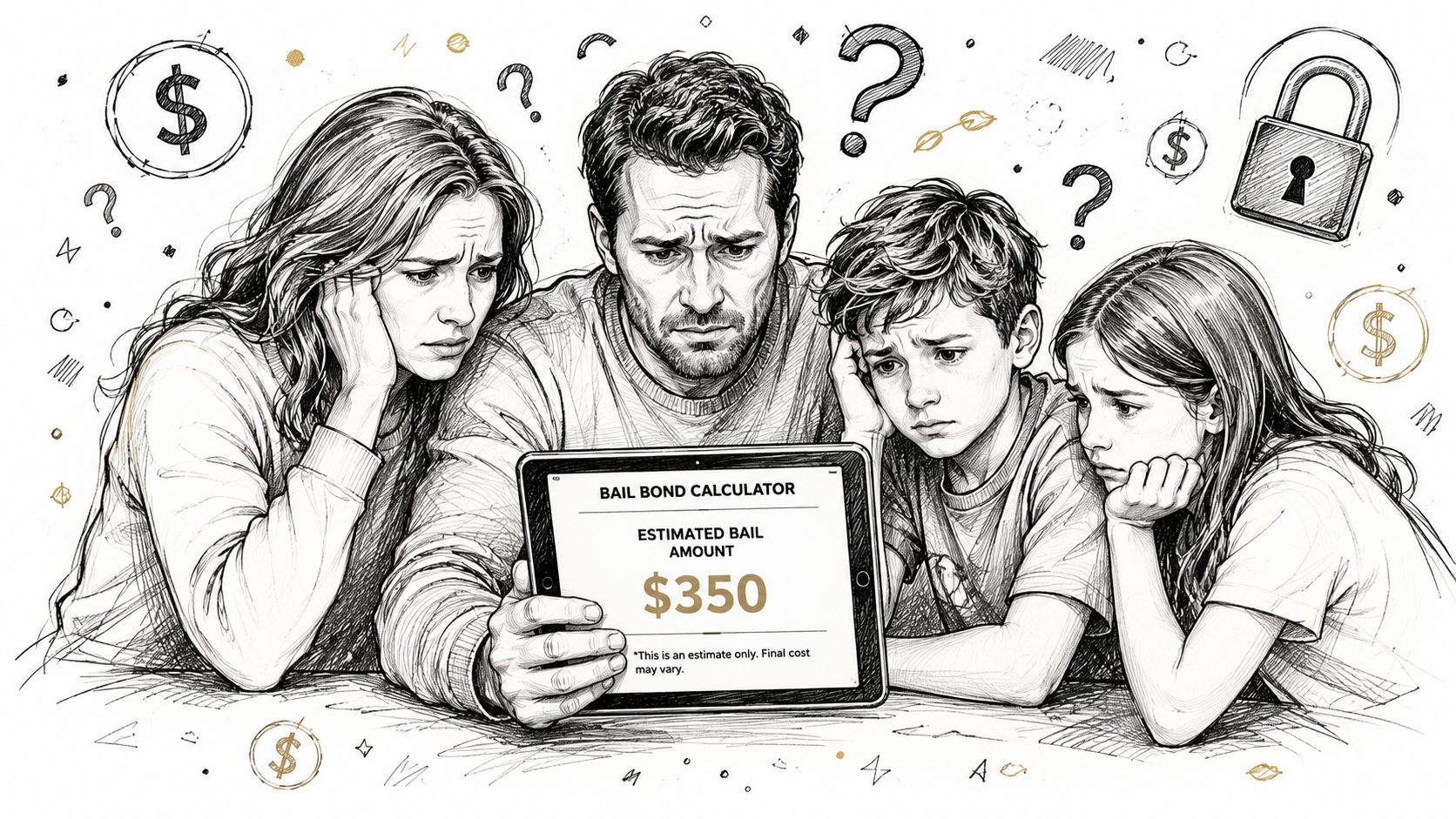 A concerned family looks at a tablet displaying a bail bond calculator with a dollar amount.