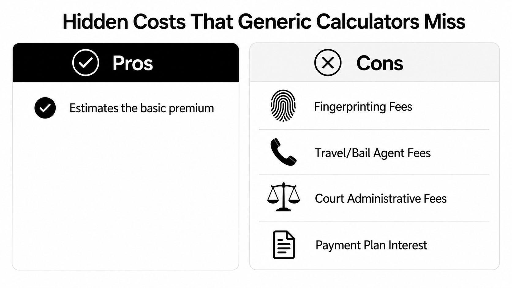 A comparison chart showing the pros and cons of using generic bail bond cost calculators.