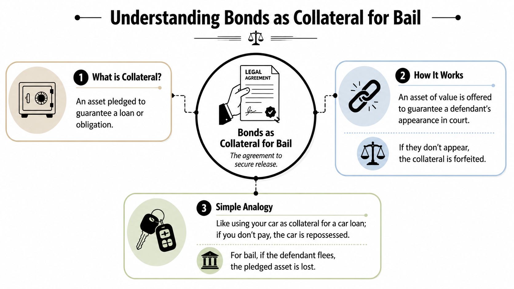 An infographic explaining how bonds function as collateral for bail using simple analogies and definitions.