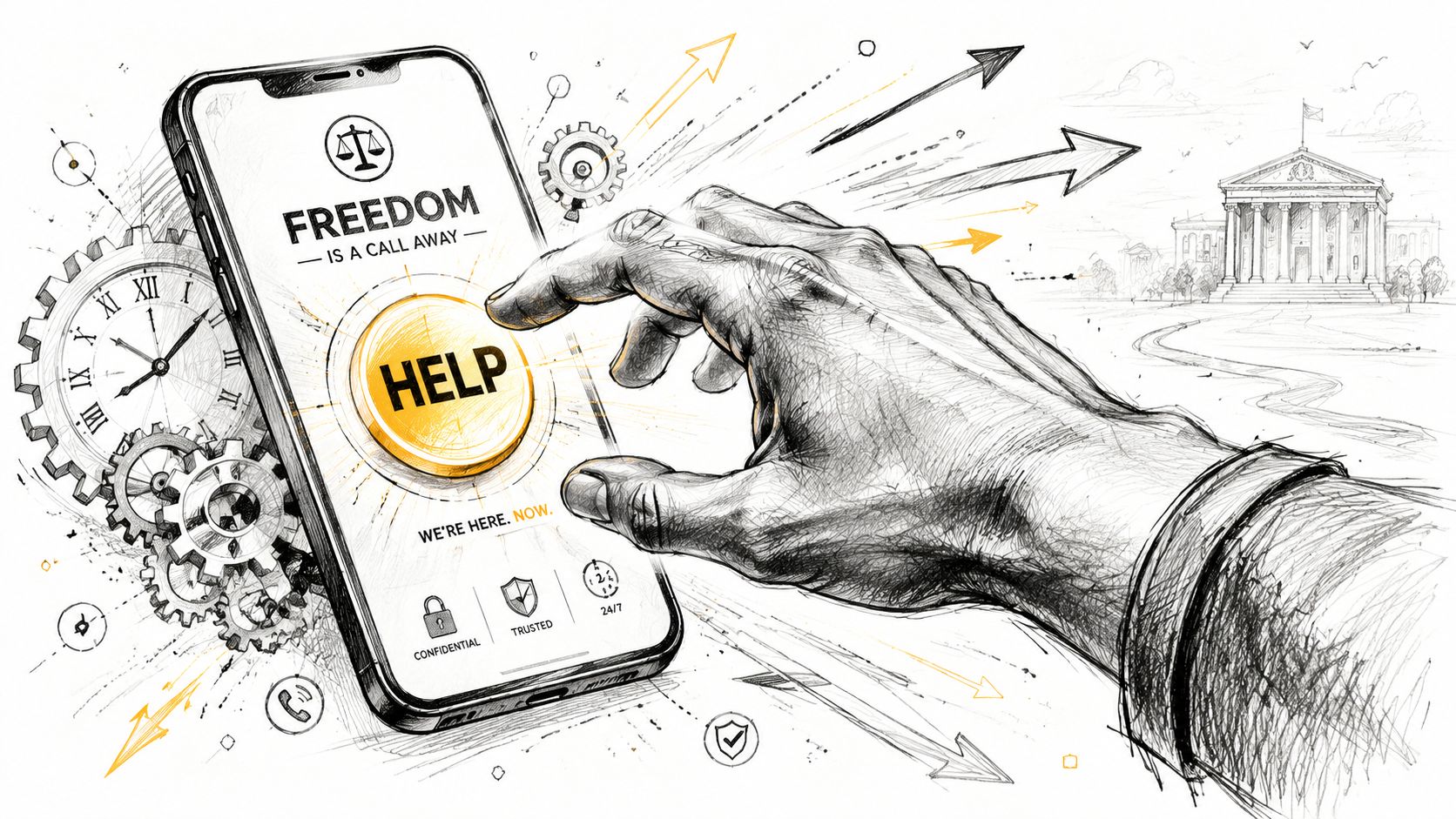 A hand reaching to press a help button on a smartphone screen surrounded by legal and architectural imagery.
