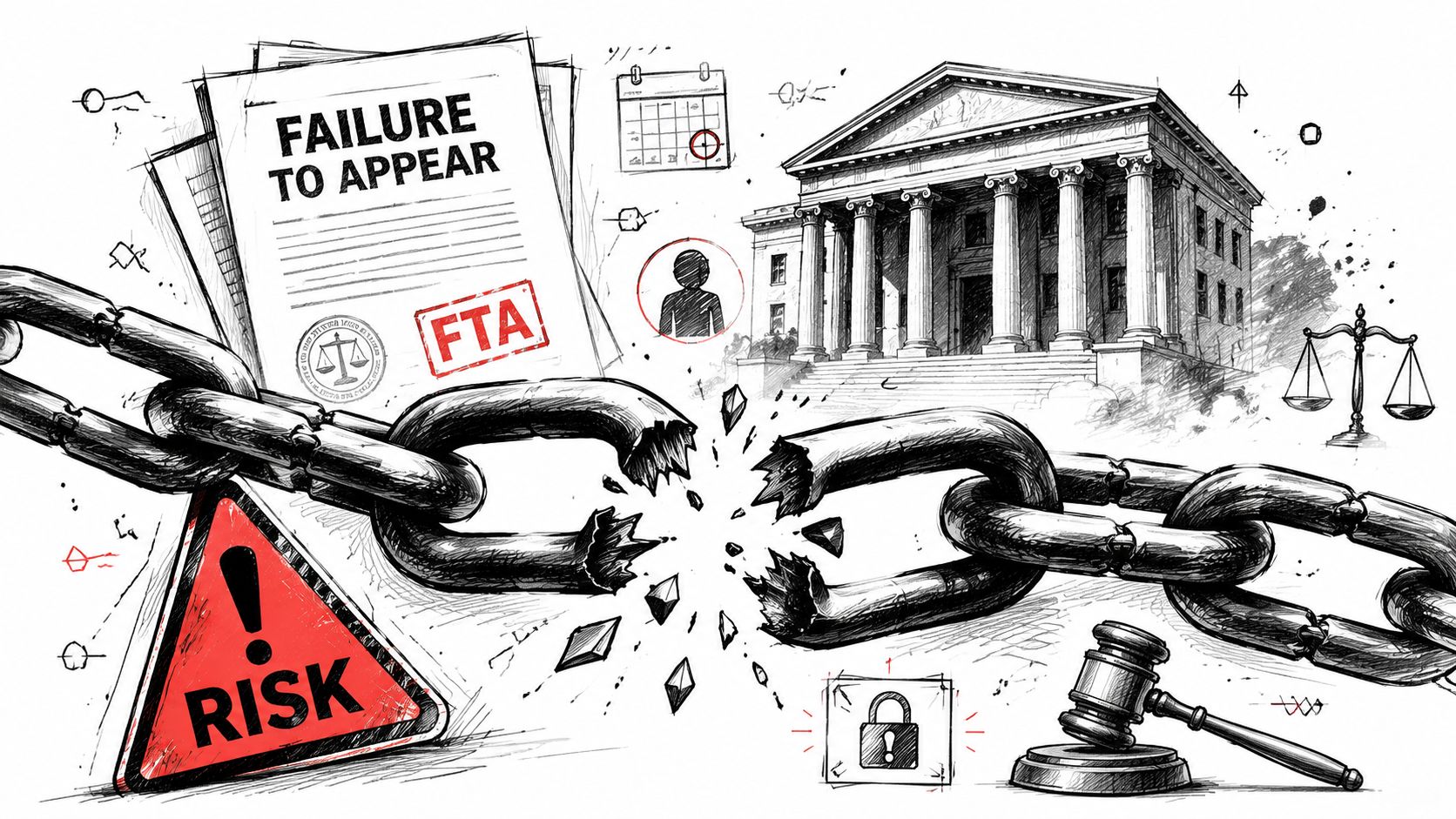 A conceptual illustration featuring a broken chain representing legal risks associated with a failure to appear in court.