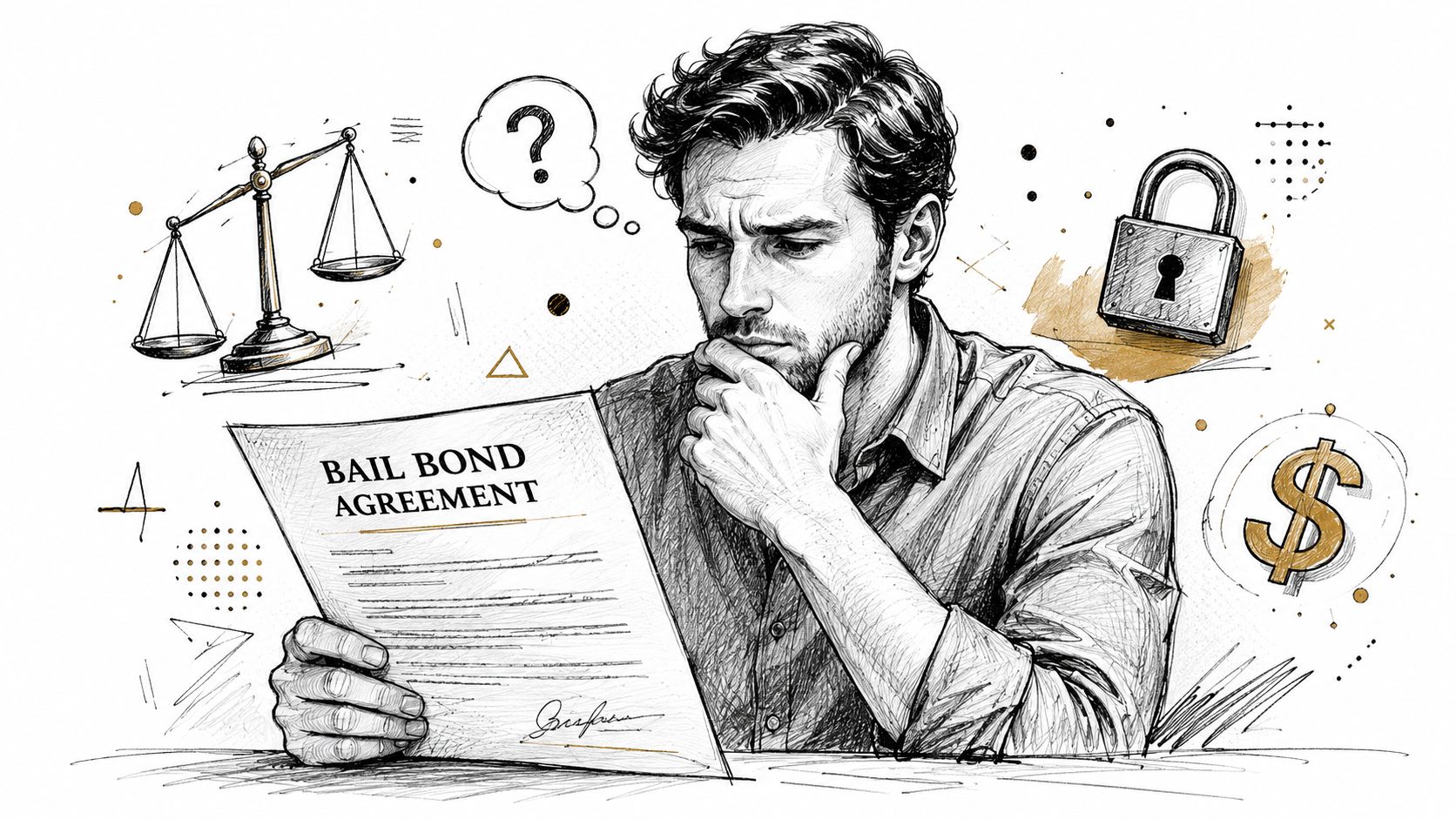 A concerned man reviewing a legal bail bond agreement document with symbols of justice and money