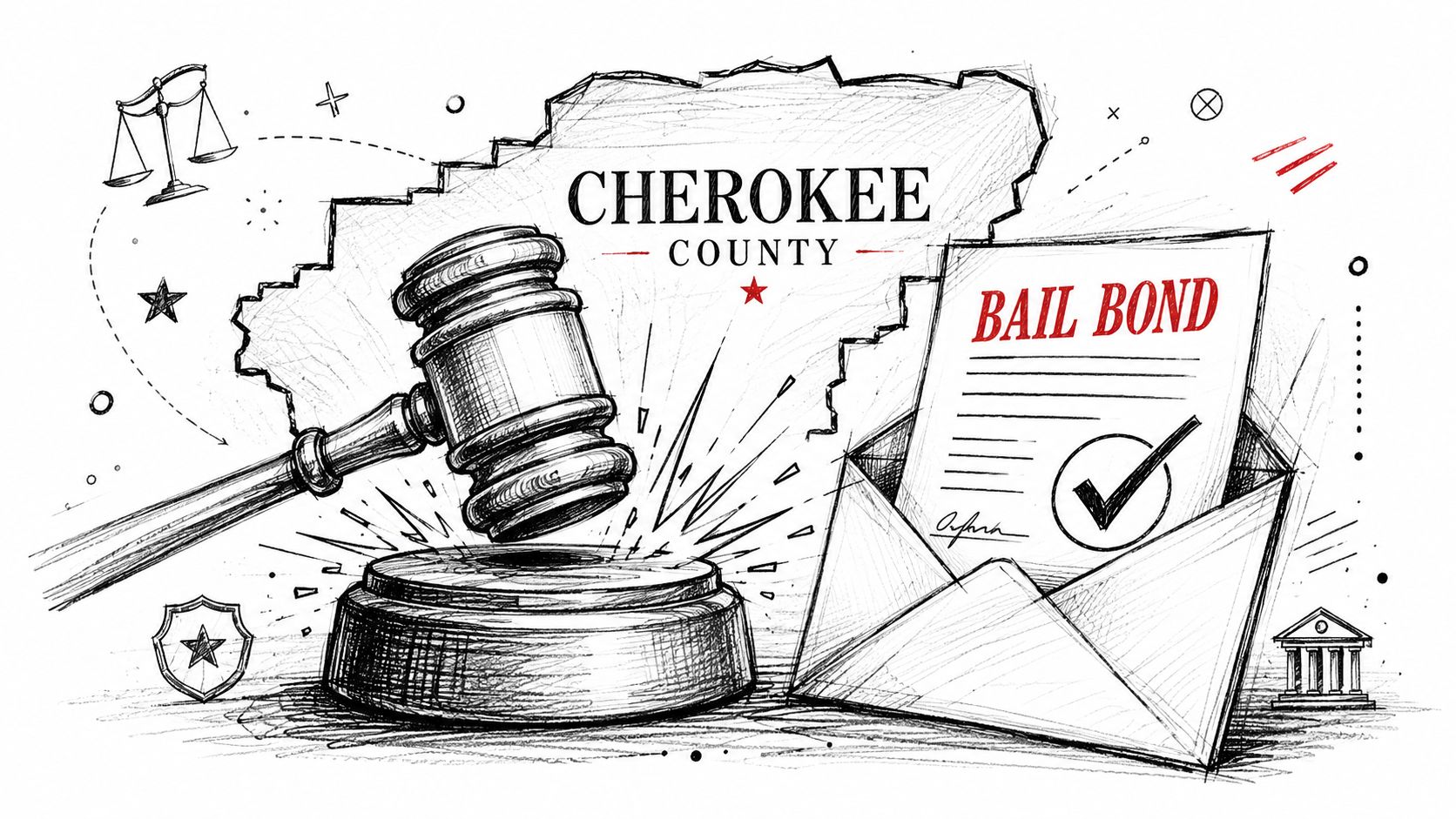 A black and white sketch featuring a judge's gavel, a bail bond document, and Cherokee County text.