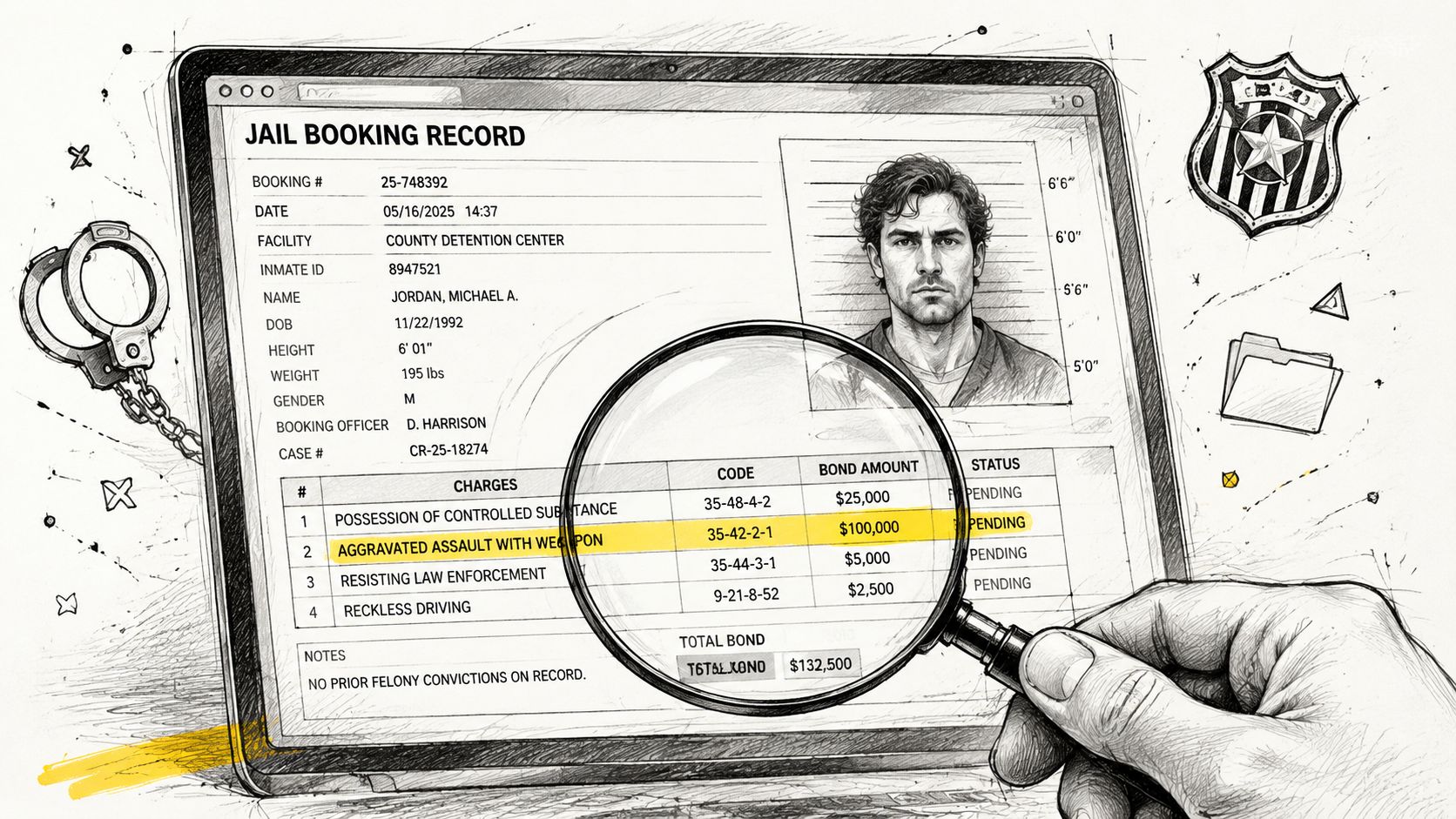 A digital jail booking record display showing mugshot and criminal charge details under a magnifying glass.