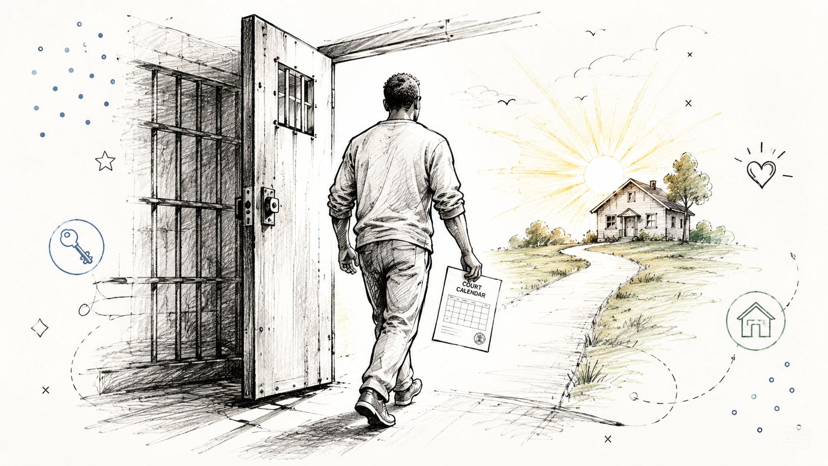 A man leaving a jail cell, holding a court calendar, walking toward a home at sunrise.