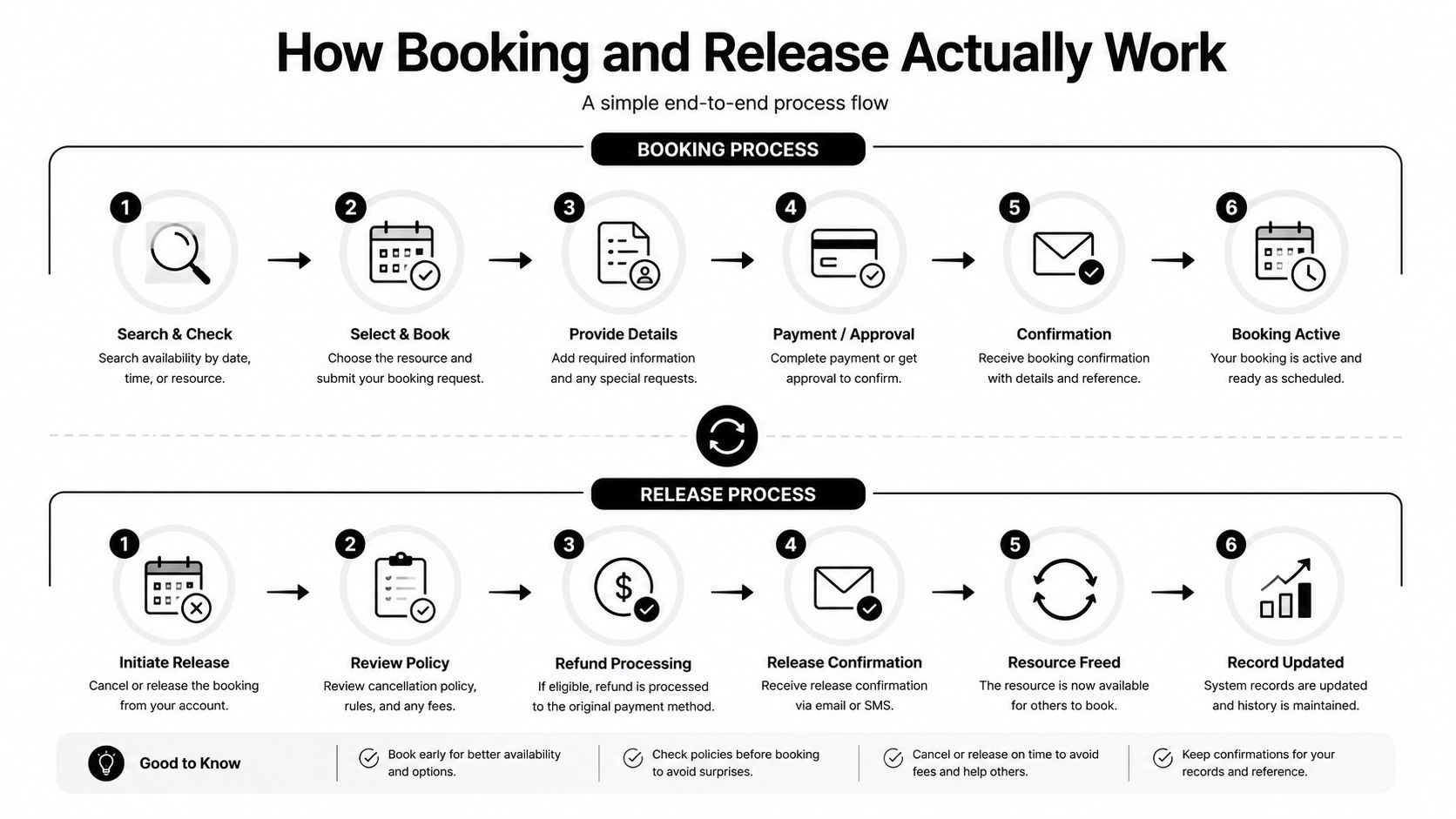 A diagram illustrating the step-by-step booking and release process for resources in a simplified flow.