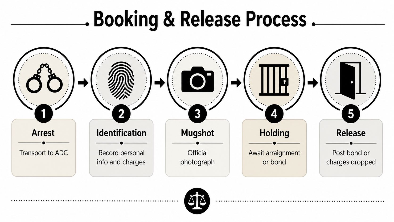A diagram illustrating the five-step booking and release process at the adult detention center.