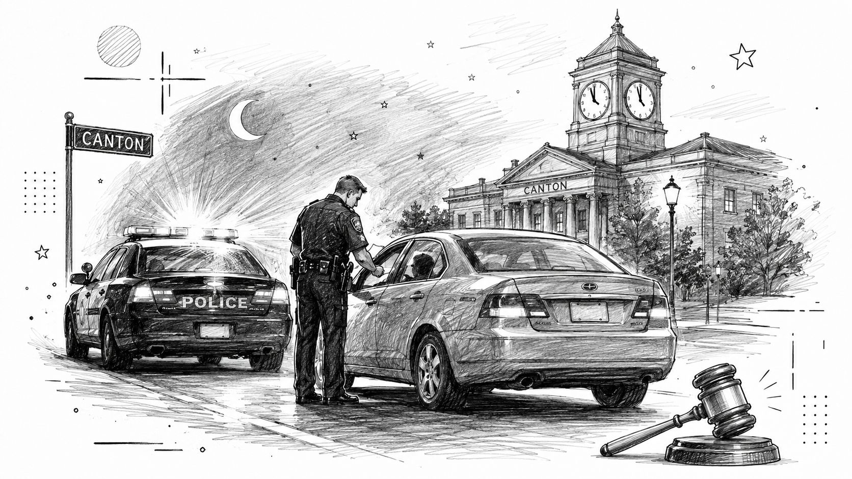 A pencil sketch of a police officer pulling over a driver near the Canton city courthouse.