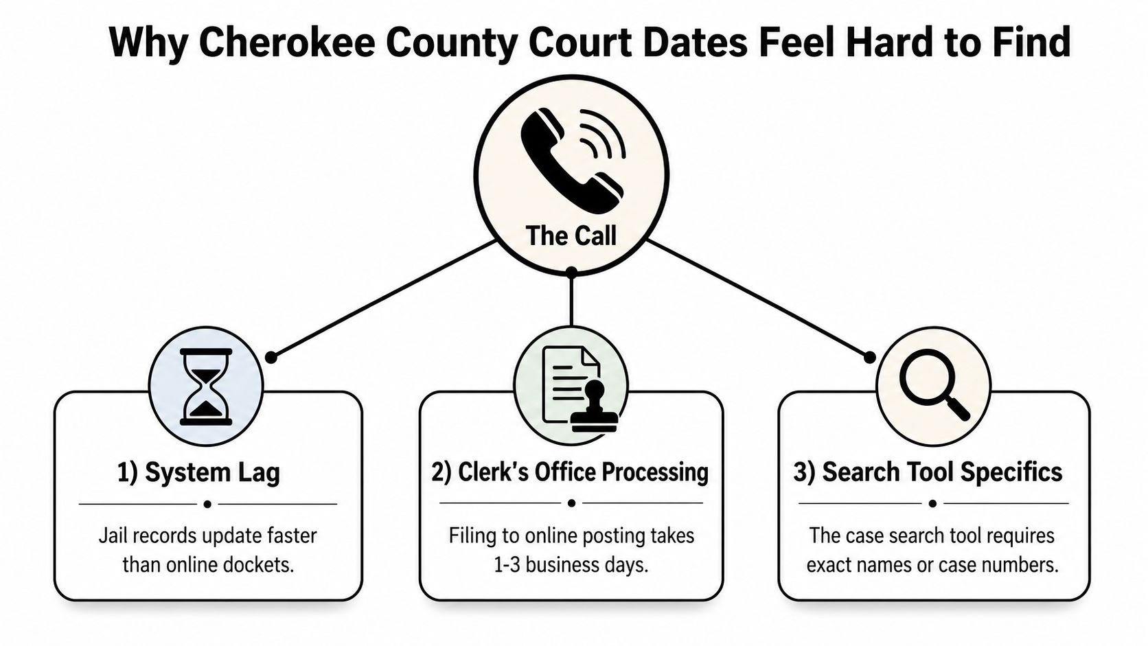 A flowchart explaining why Cherokee County court dates are difficult to find, highlighting system lag, processing, and search tools.