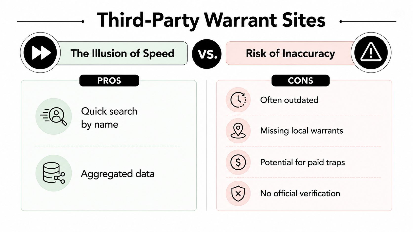 An infographic comparing the pros and cons of using third-party warrant search websites for legal information.