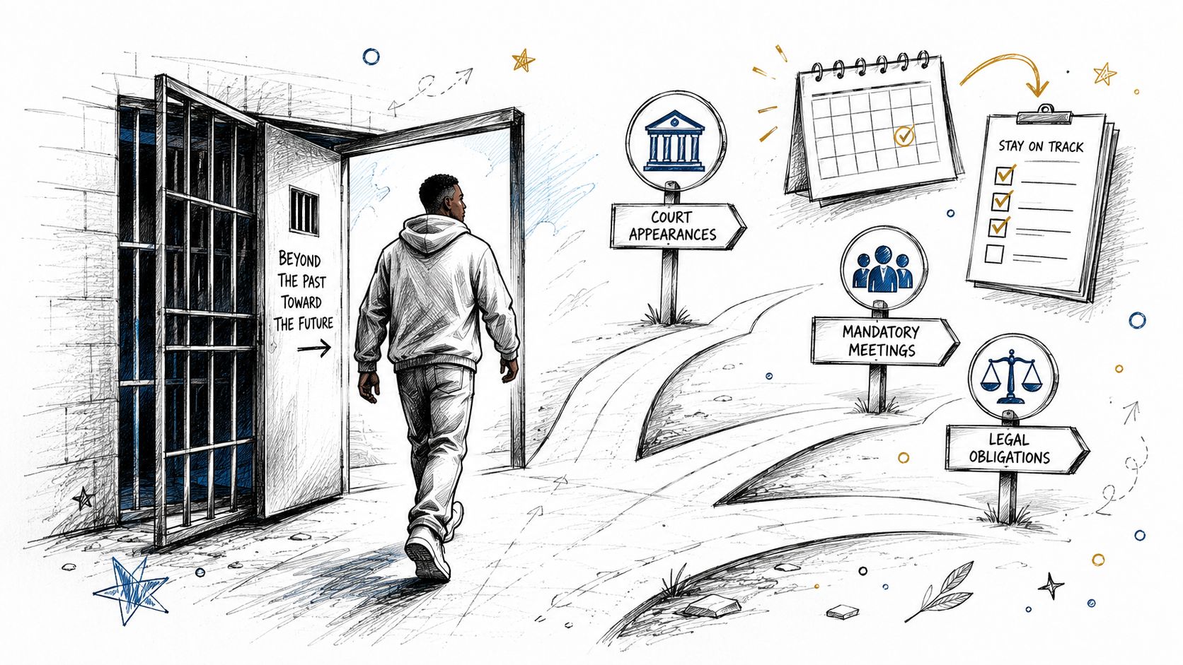 A person walking out of jail toward a path marked with symbols for court, meetings, and legal requirements.