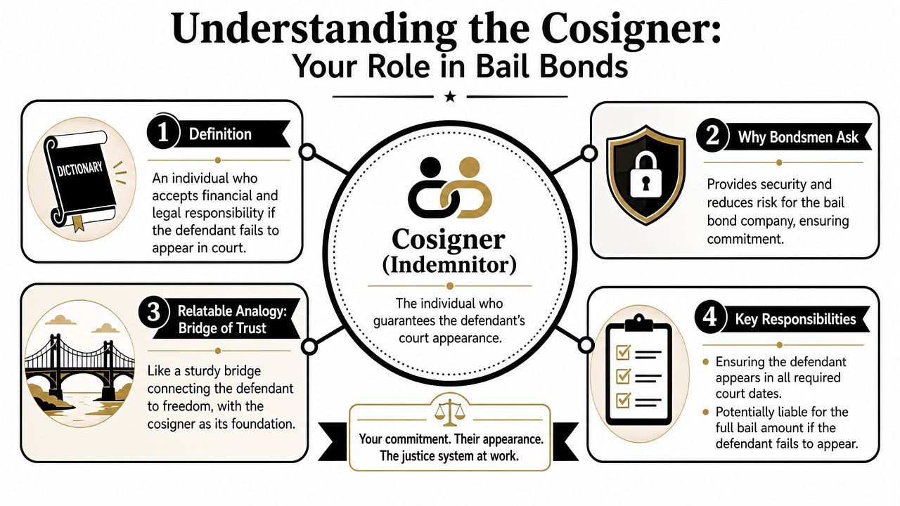 An infographic titled Understanding the Cosigner explaining the role, responsibilities, and risks of a bail bond cosigner.