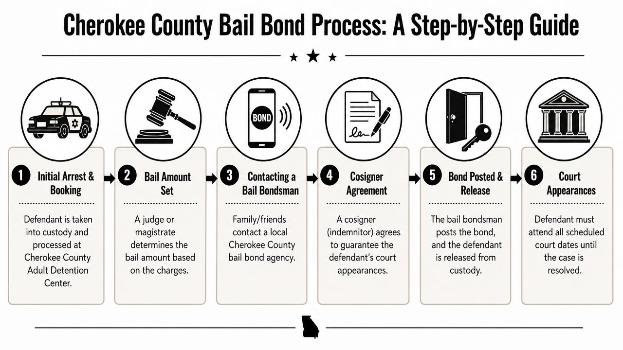A six-step infographic illustrating the Cherokee County bail bond process from initial arrest to final court appearances.