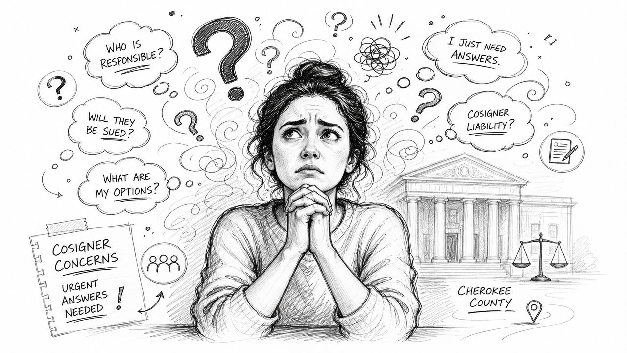 A worried young woman thinking about cosigner liability and legal concerns in front of a courthouse.