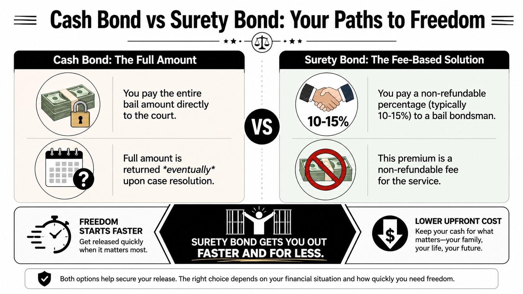 A comparison infographic between cash bonds and surety bonds explaining the differences in cost and process.
