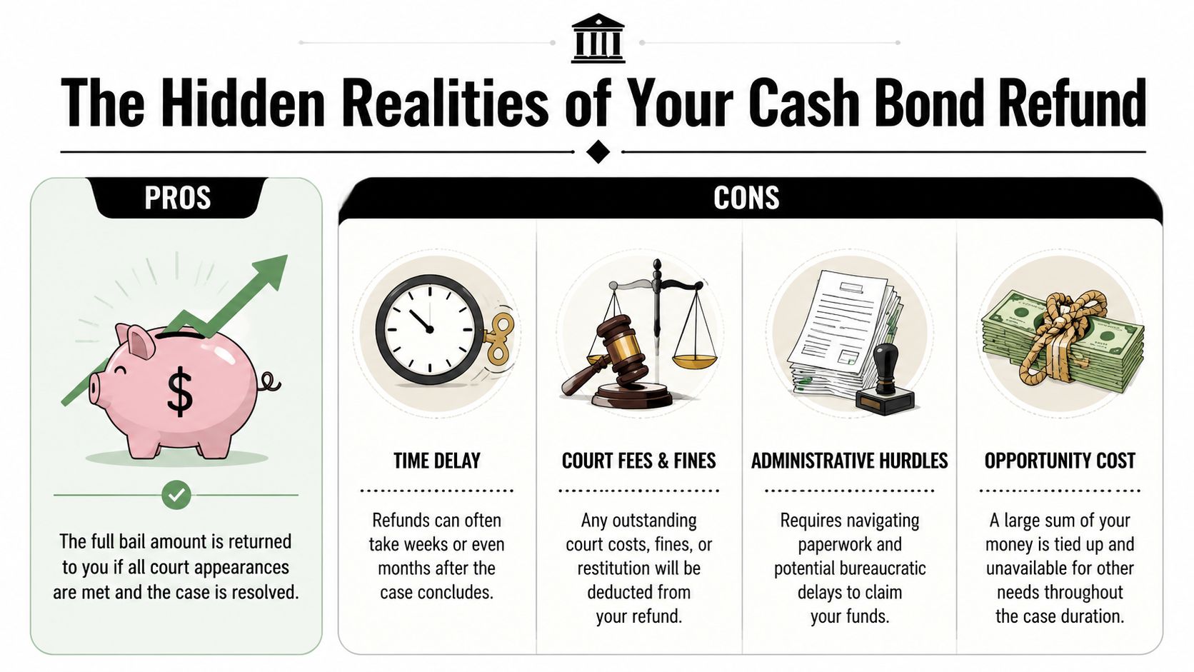An infographic showing the pros and cons of receiving a cash bond refund after court cases.