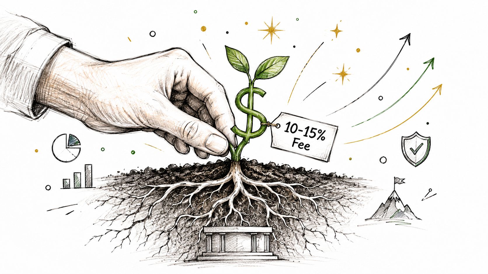 A human hand nurturing a growing dollar-sign plant connected to banking roots with a fee tag.