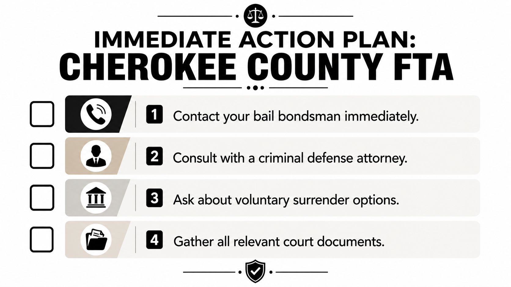 An immediate action plan infographic for handling a failure to appear warrant in Cherokee County, Georgia.