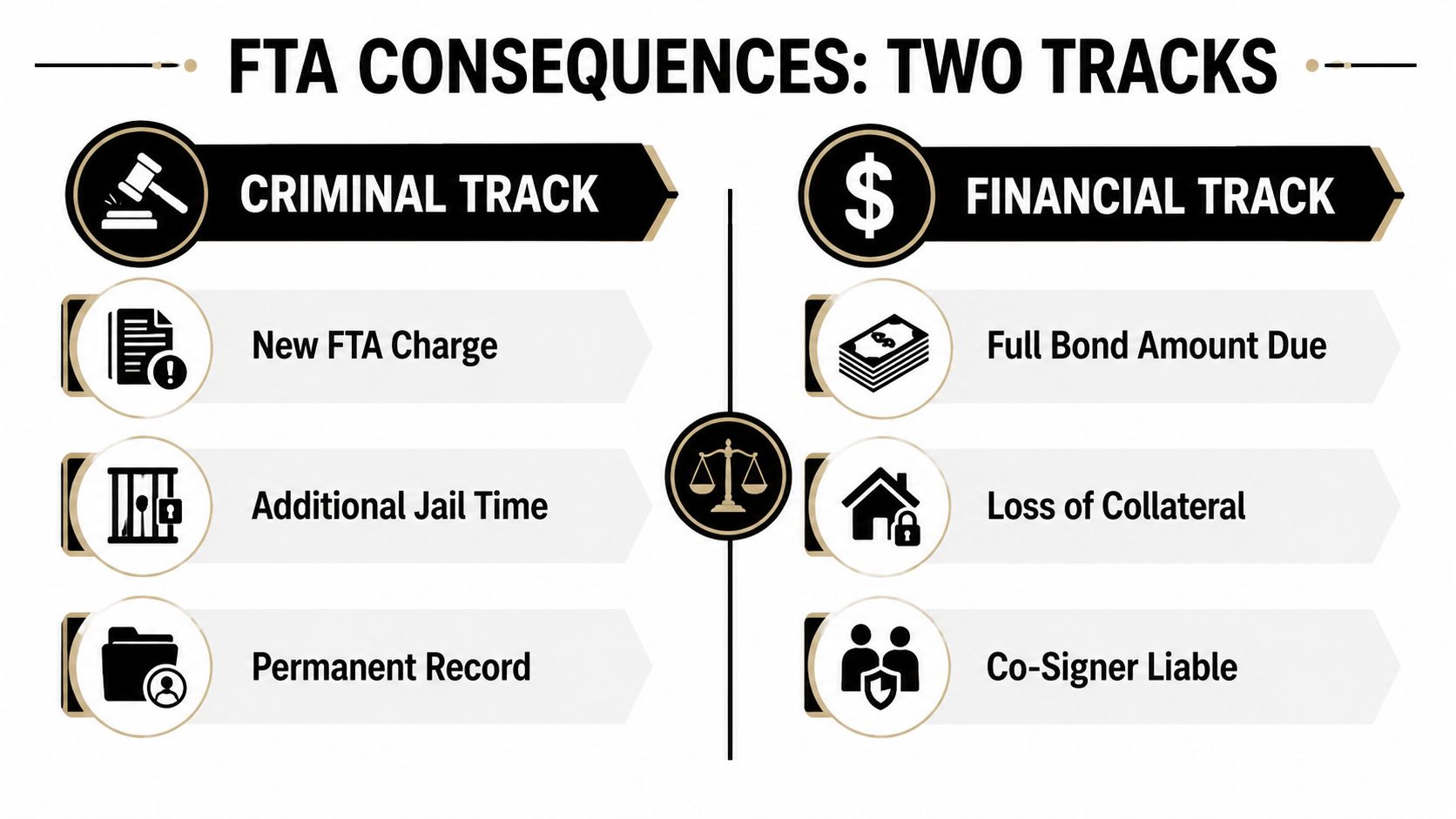 An infographic detailing the criminal and financial consequences of a failure to appear for bail.
