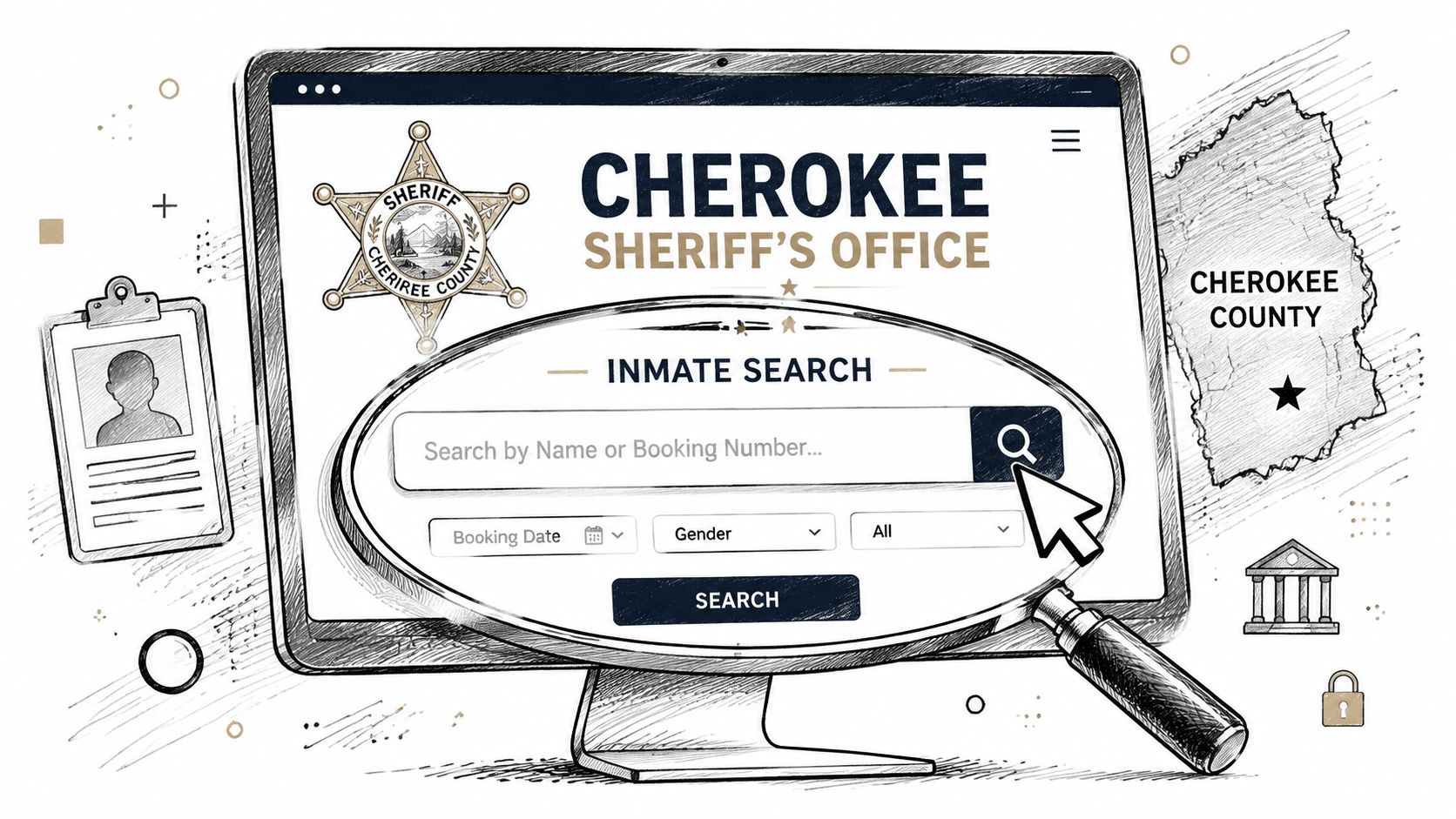 A computer screen showing the Cherokee Sheriff's Office website with an inmate search bar and magnifying glass.