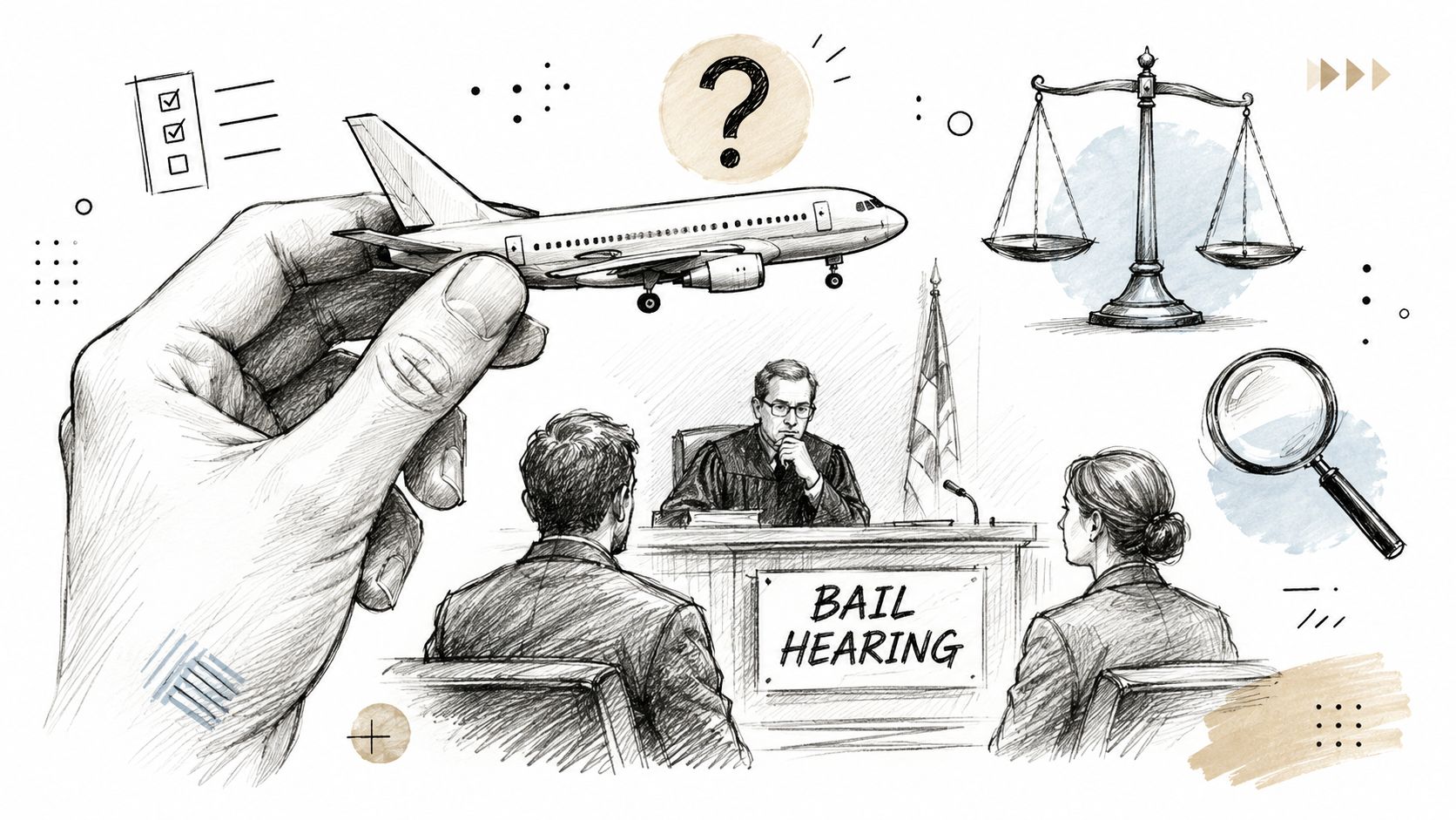 A courtroom scene featuring a judge, legal professionals, and a giant hand holding a miniature airplane.