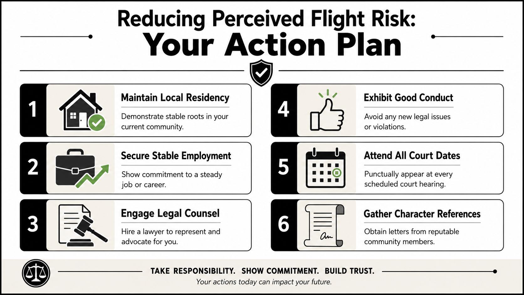A six-point action plan infographic for reducing perceived flight risk to improve legal standing.