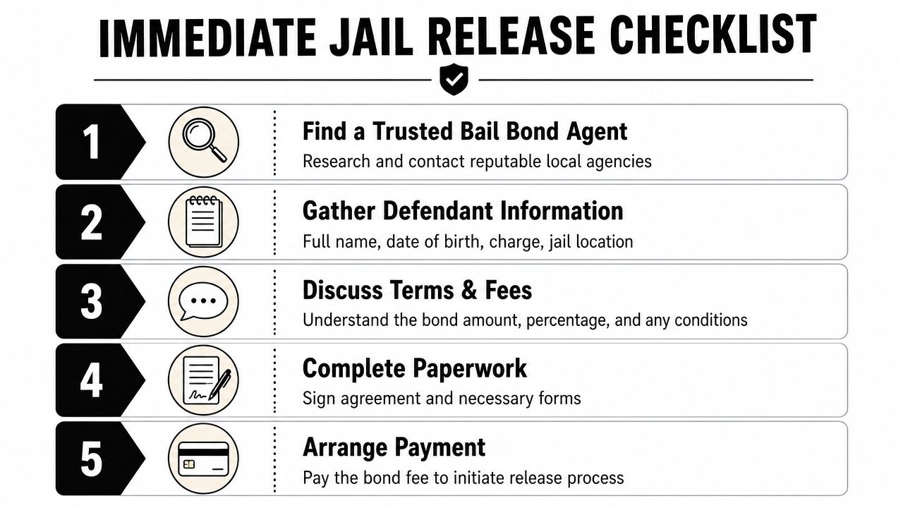 A five-step checklist illustrating the immediate jail release process and how to secure a bail bond.