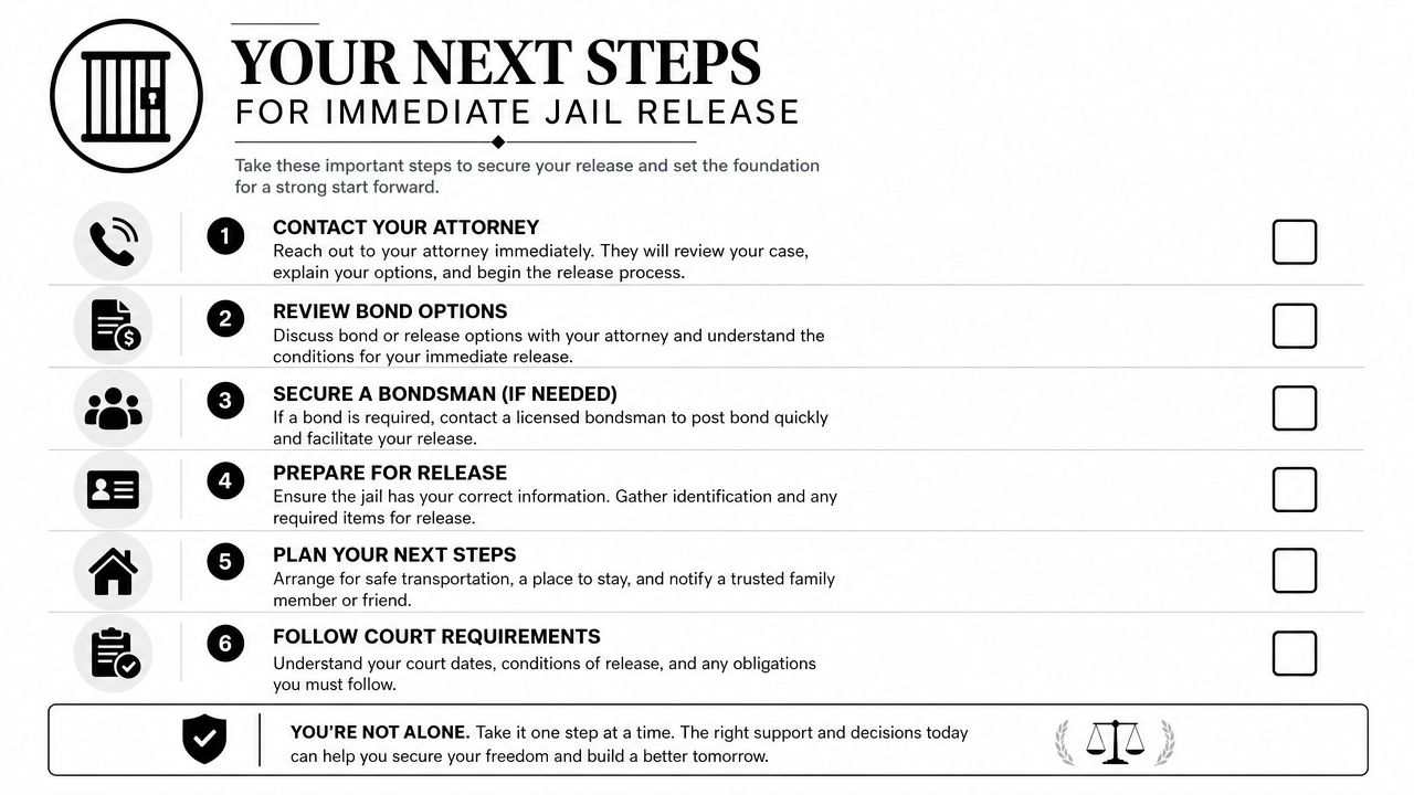 A checklist infographic titled Your Next Steps For Immediate Jail Release listing six legal and practical procedures.