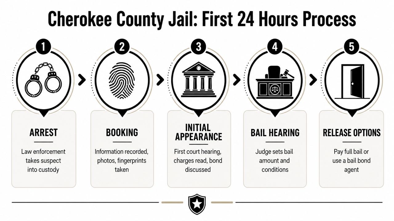 A five-step infographic showing the legal process in Cherokee County Jail from arrest to release options.