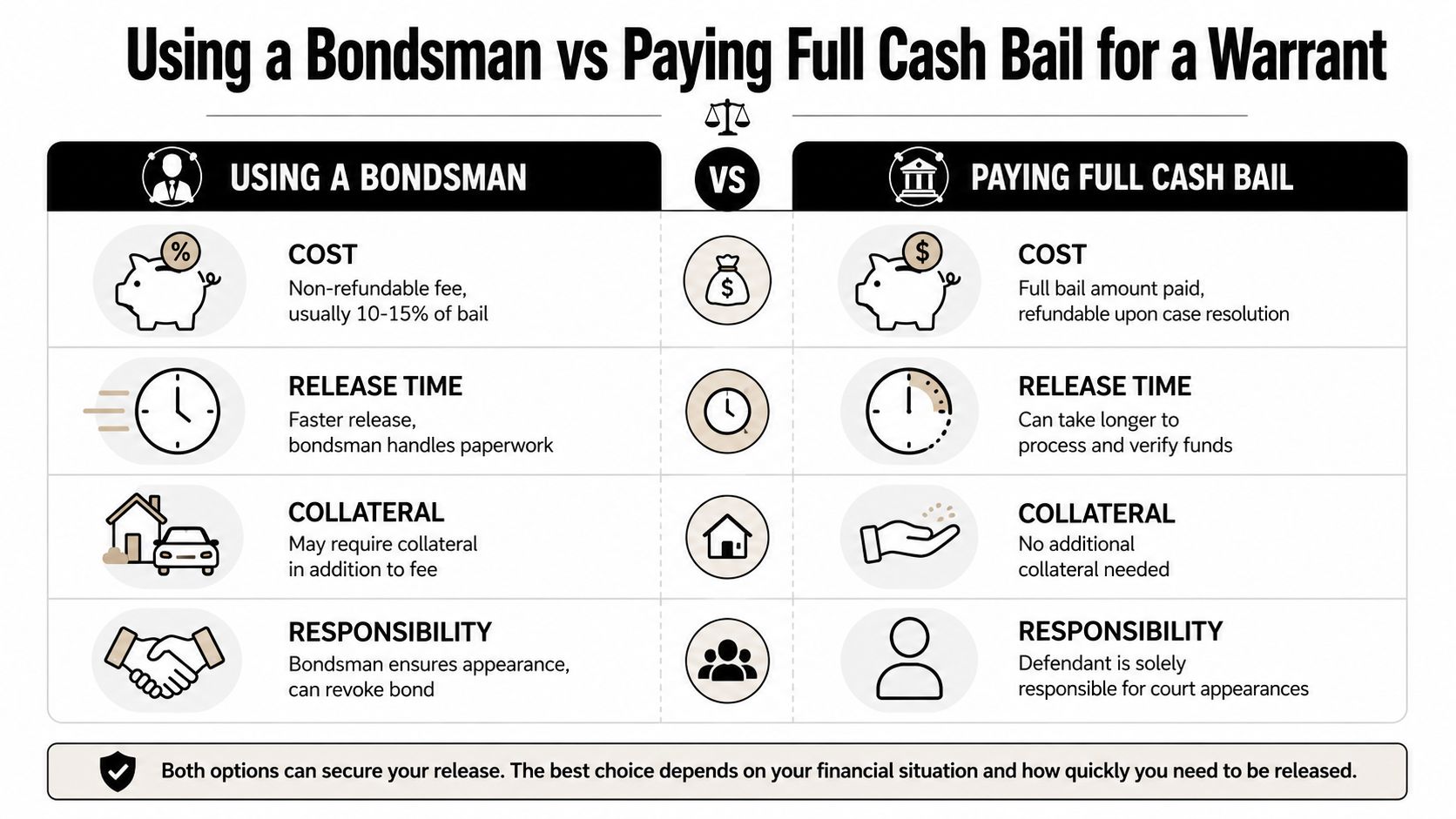 A comparison chart outlining the differences between using a bail bondsman and paying full cash bail.