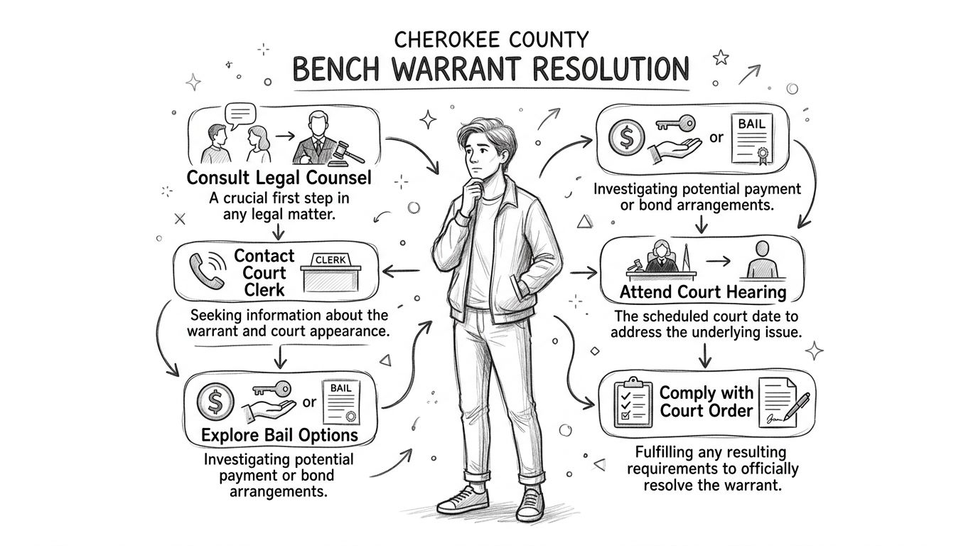 An infographic titled Cherokee County Bench Warrant Resolution outlining steps to resolve a bench warrant legal matter.