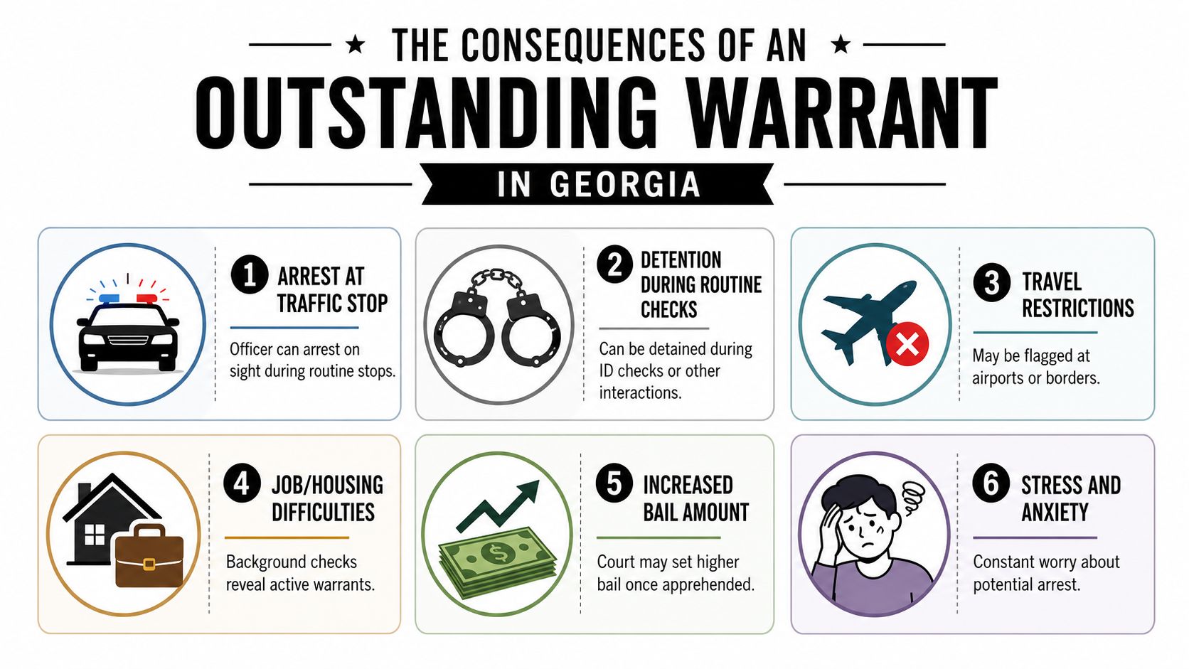 An infographic detailing six significant legal and personal consequences of having an outstanding arrest warrant in Georgia.