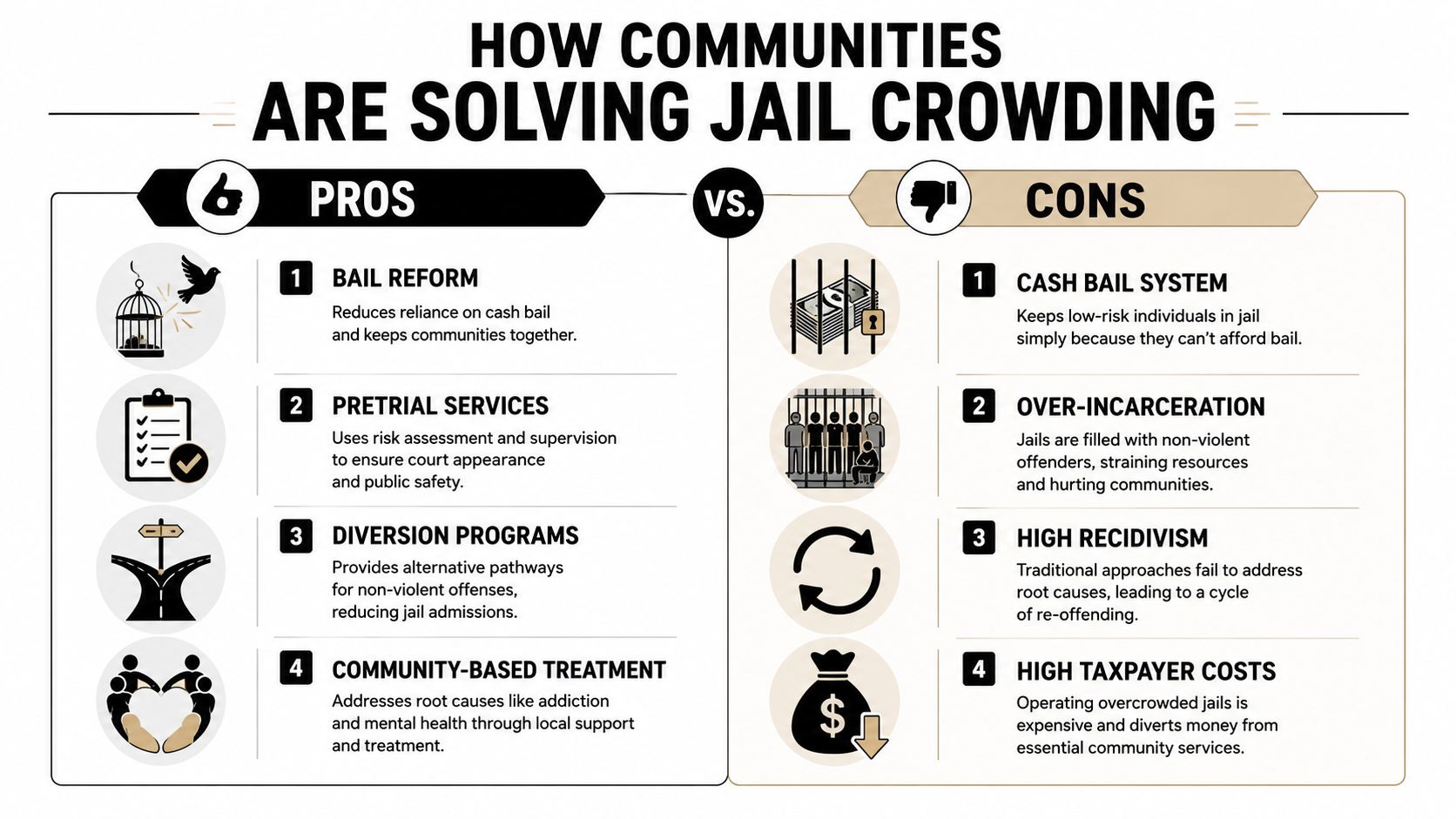 An infographic comparing the pros of jail reform and the cons of the current cash bail system.