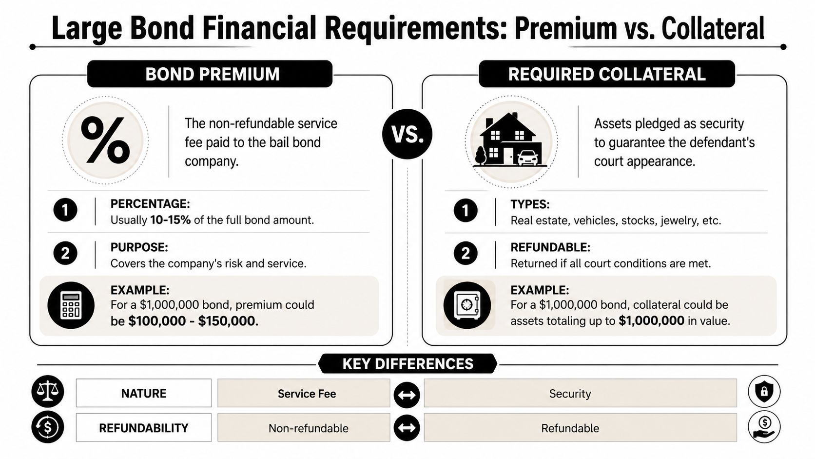 An infographic comparing the differences between non-refundable bond premiums and refundable collateral for large bail bonds.
