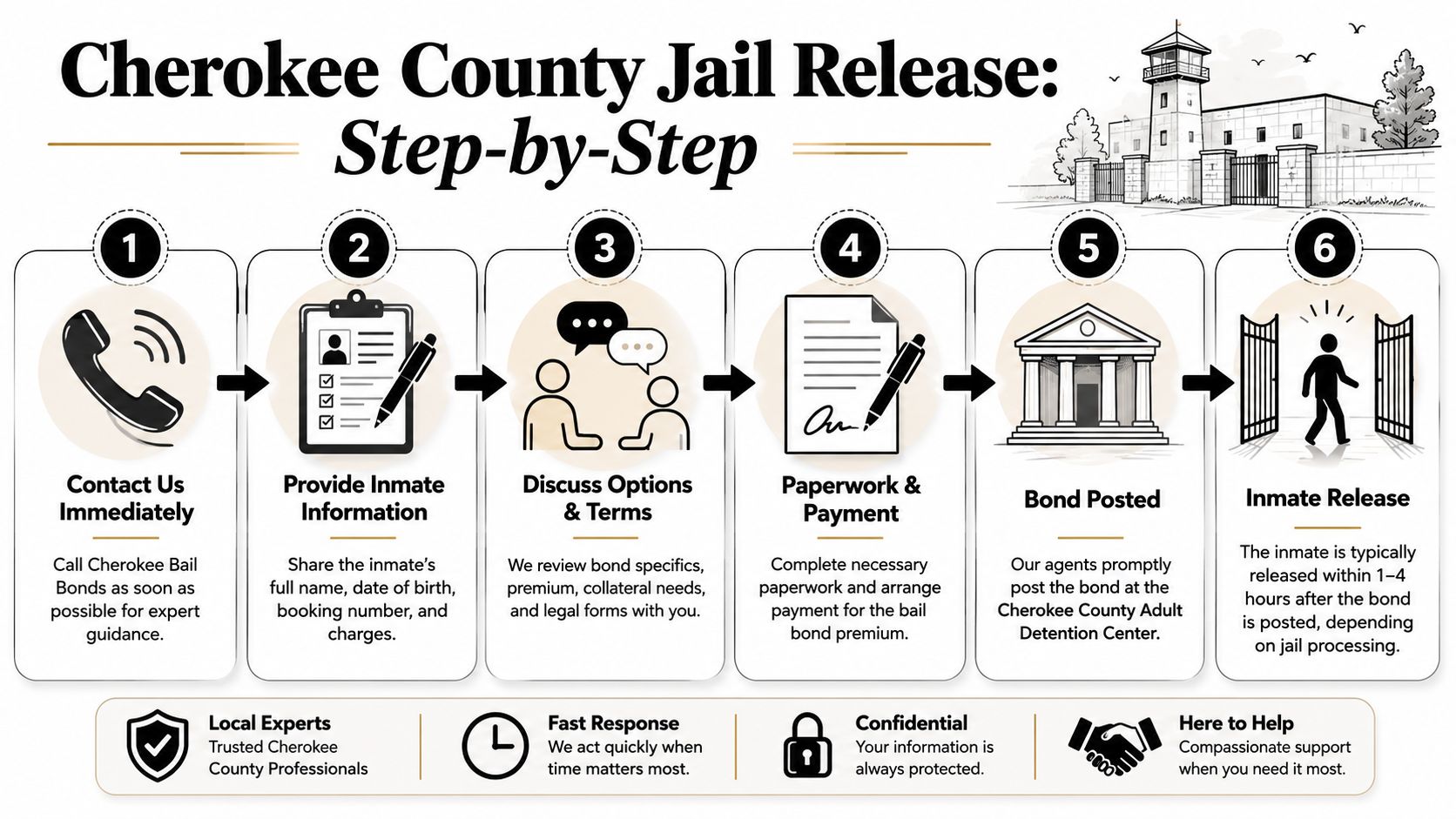 A step-by-step infographic detailing the Cherokee County jail release process involving bail bond services and inmate release.