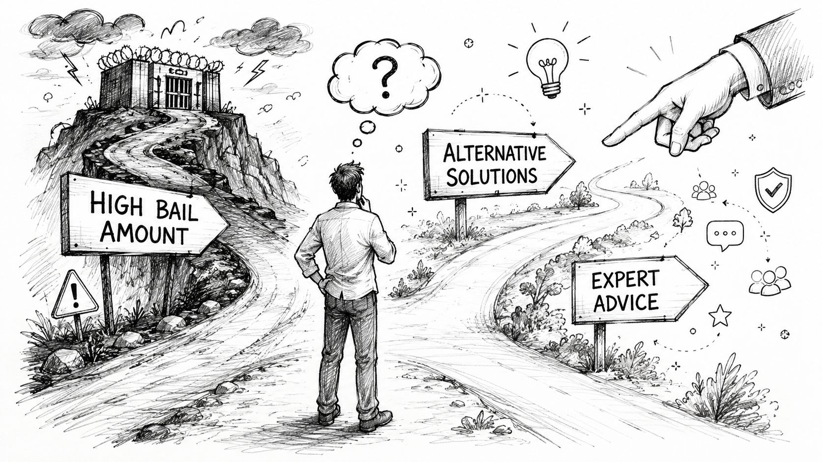 A person standing at a crossroads deciding between high bail, alternative solutions, and expert legal advice.