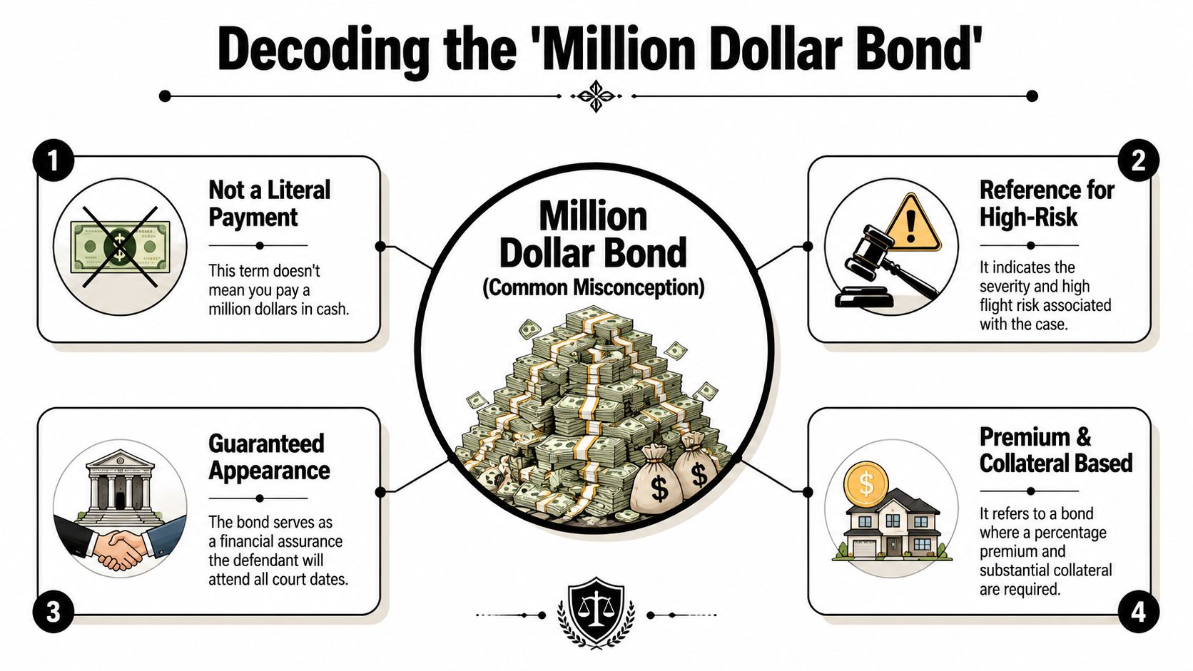 An infographic explaining that a million dollar bond is not a literal payment, but a financial assurance.
